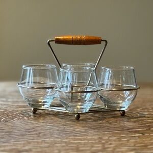 MCM Libbey Glass Caddy with Wood Handle and a Set of 4